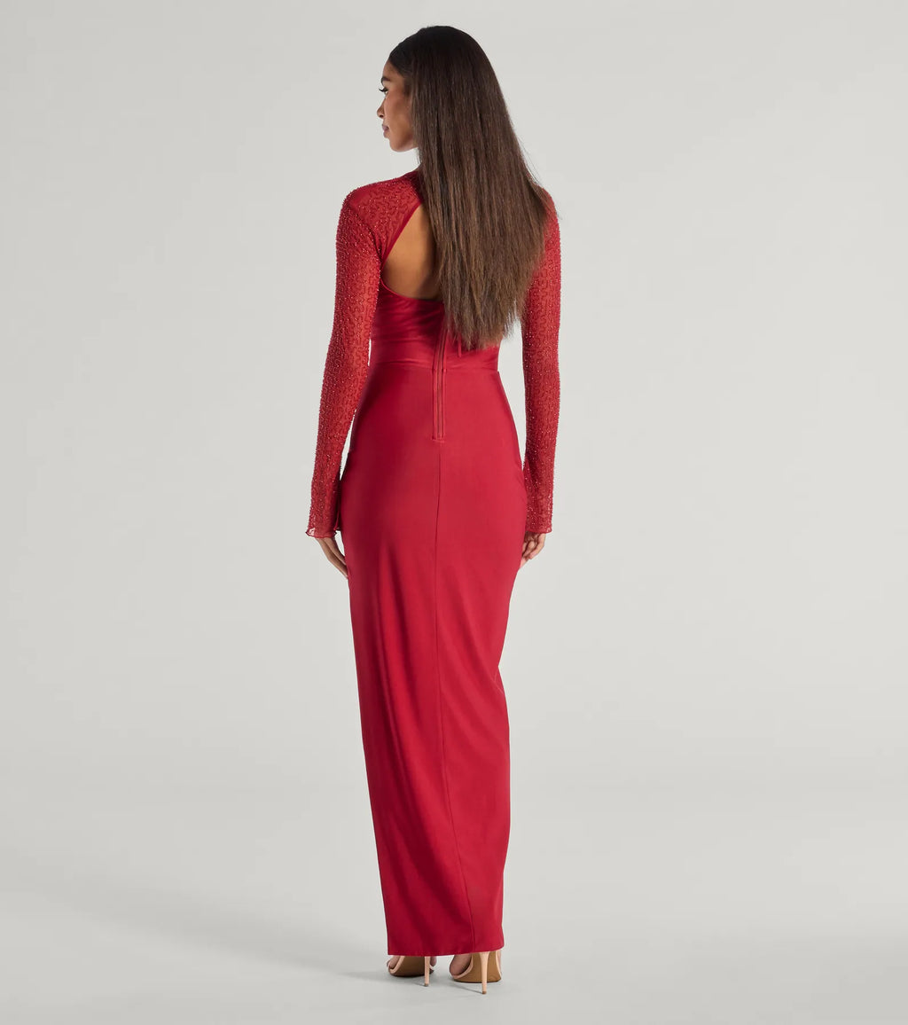 Wren Beaded Long Sleeve Prom Dress – High Slit Column Formal Gown