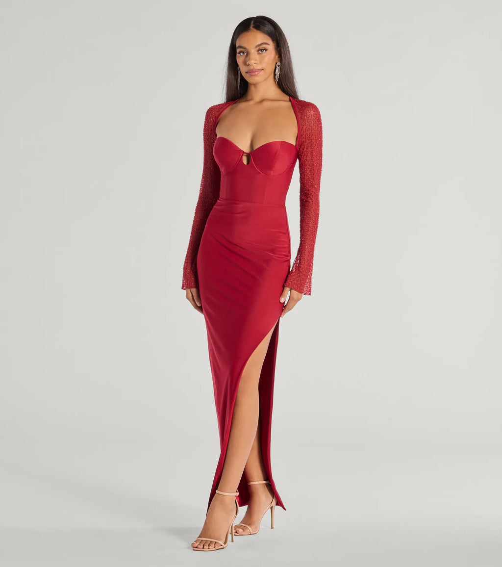 Wren Beaded Long Sleeve Prom Dress – High Slit Column Formal Gown