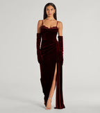 Weinrotes Inez Samt Abendkleid mit Perlen Applique – Frontansicht Ballkleid