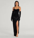 Schwarzes Inez Samt Abendkleid mit Perlen Applique – Frontansicht