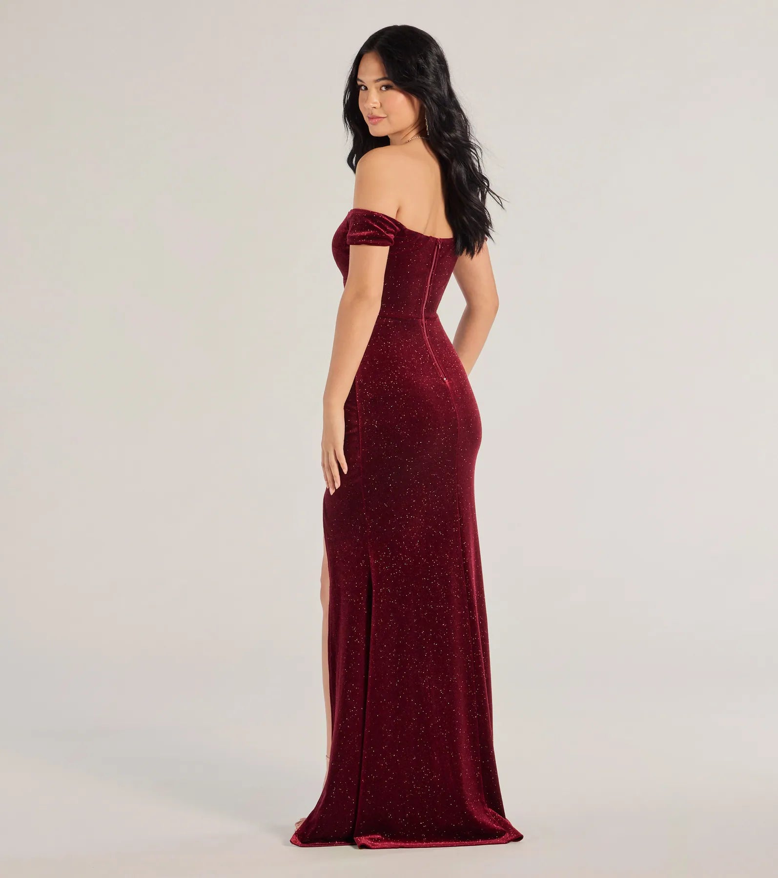 Alayna Glitter Velvet Mermaid Prom Dress – Off-Shoulder Long Formal Gown