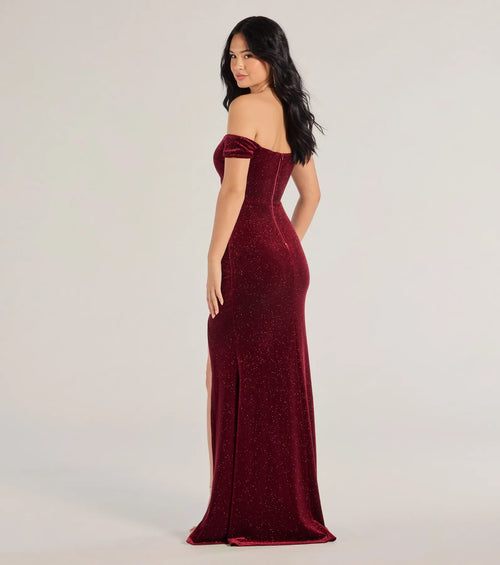 Alayna Glitter Velvet Mermaid Prom Dress – Off-Shoulder Long Formal Gown
