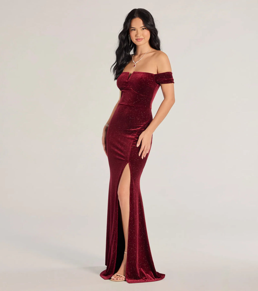 Alayna Glitter Velvet Mermaid Prom Dress – Off-Shoulder Long Formal Gown