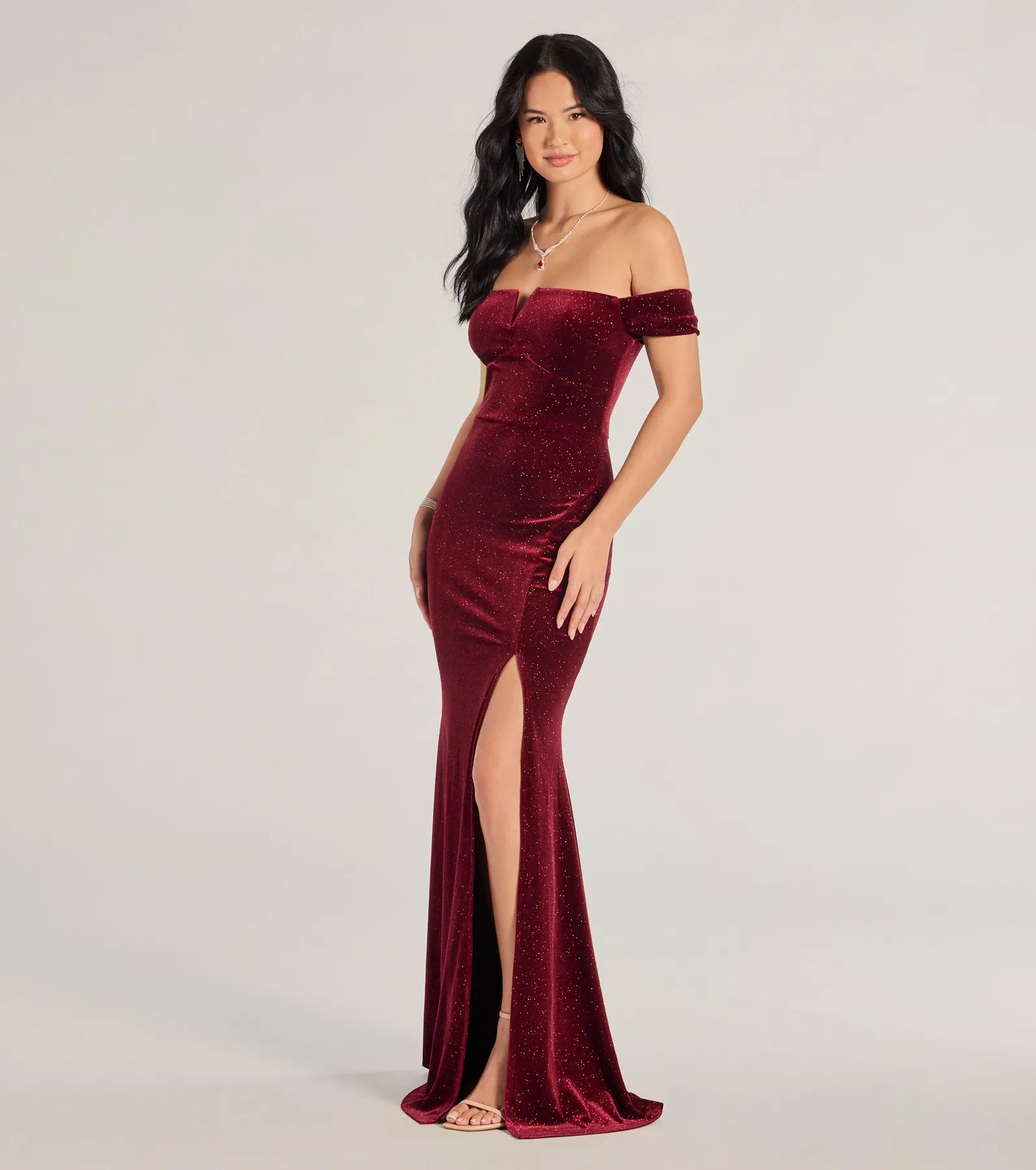 Alayna Glitter Velvet Mermaid Prom Dress – Off-Shoulder Long Formal Gown