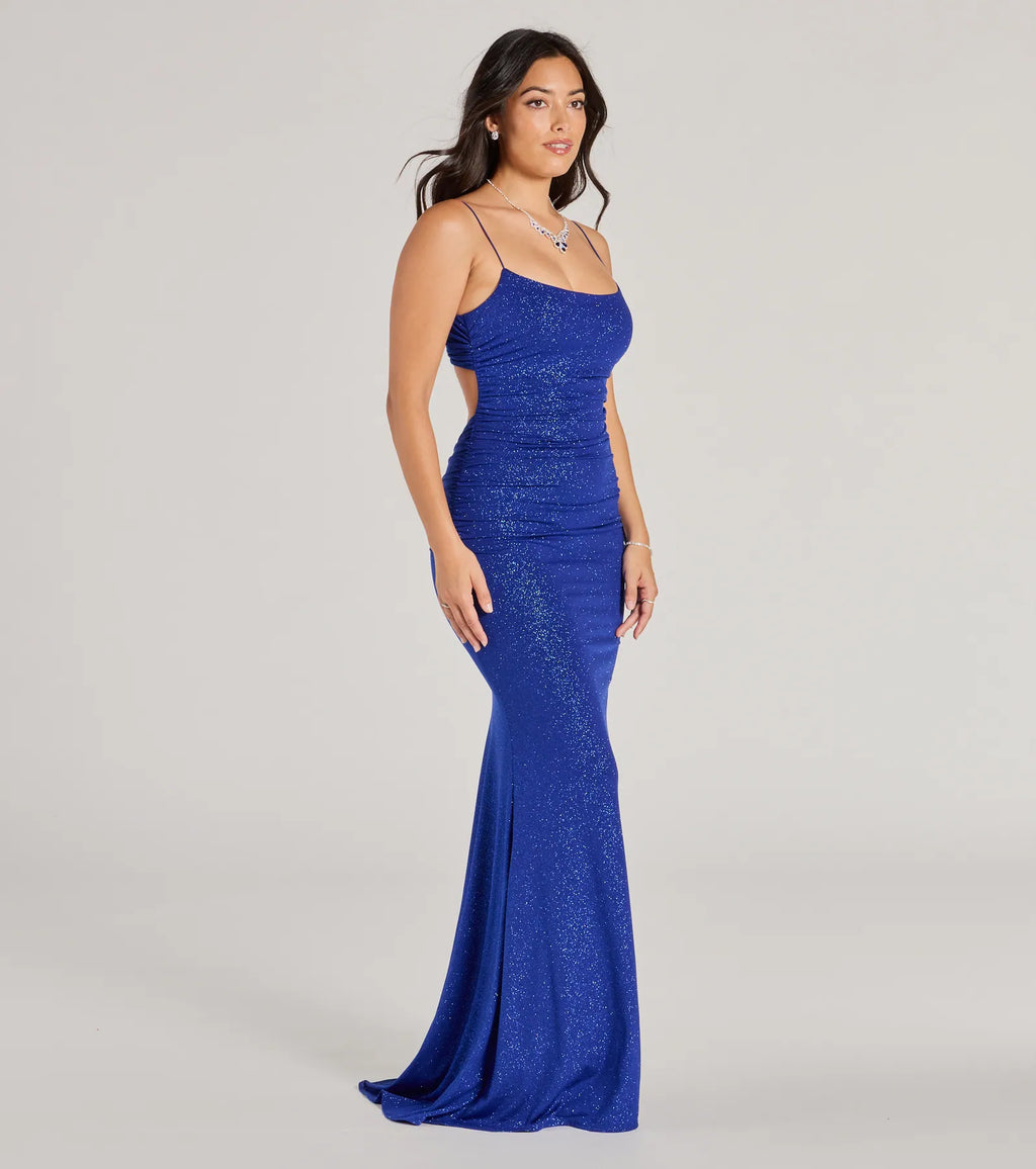Rowan Glitter Ruched Mermaid Prom Dress – Open Back Long Formal Gown