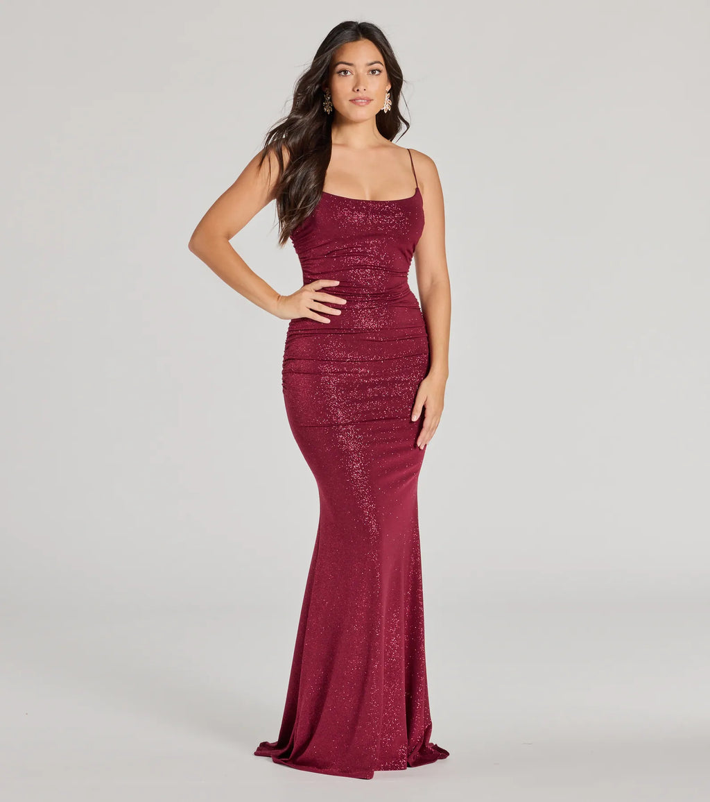 Rowan Glitter Ruched Mermaid Prom Dress – Open Back Long Formal Gown