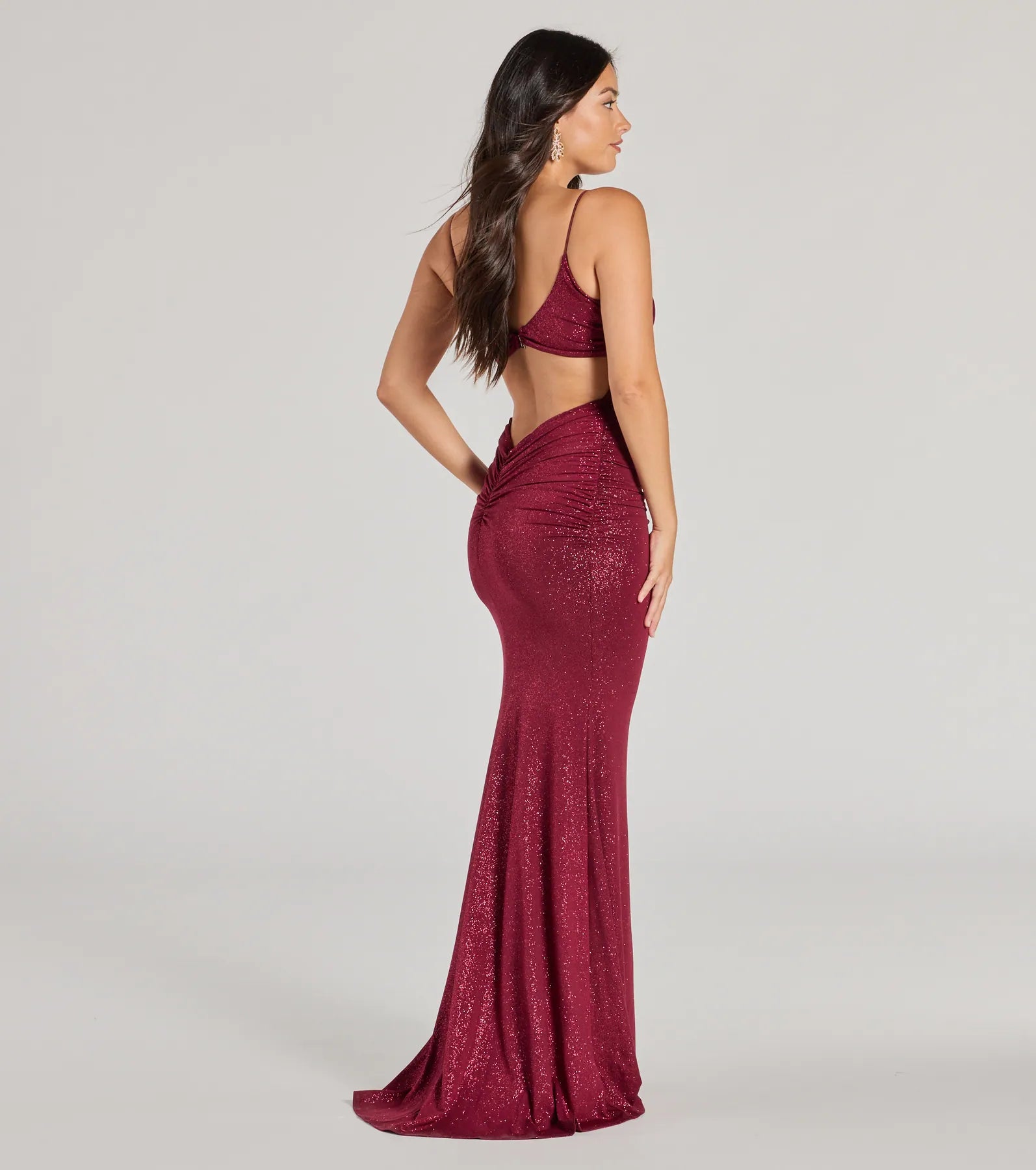 Rowan Glitter Ruched Mermaid Prom Dress – Open Back Long Formal Gown