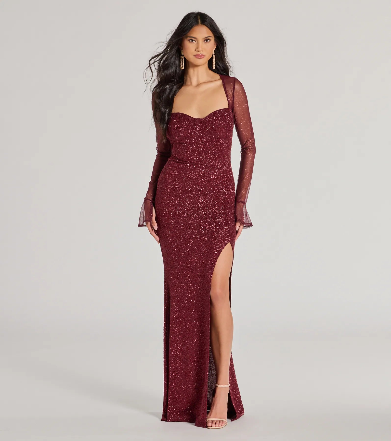 Connie Glitter Long Sleeve Column Prom Dress – Sweetheart Long Formal Gown