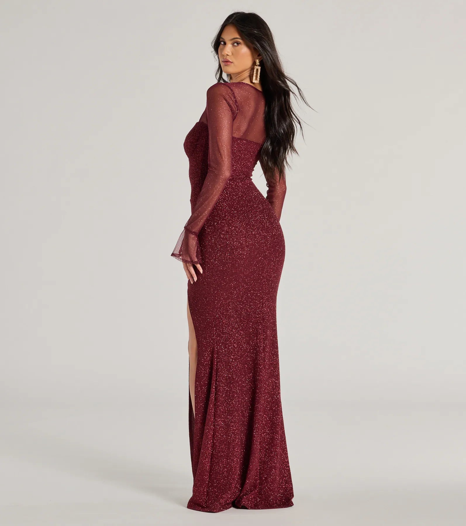 Connie Glitter Long Sleeve Column Prom Dress – Sweetheart Long Formal Gown