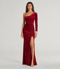 Lyra Samt Abendkleid Weinrot One Shoulder mit Strass – Frontansicht Meerjungfrau Ballkleid