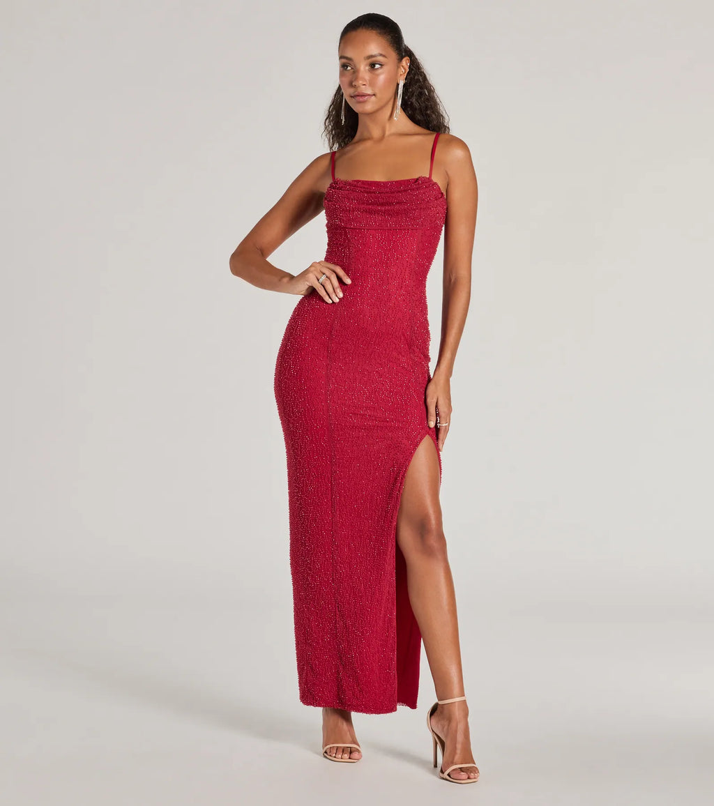 Klara Faux Pearl Beaded Column Prom Dress – Cowl Neck Long Formal Gown