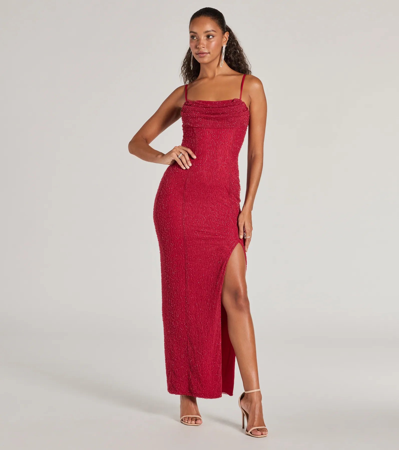 Klara Faux Pearl Beaded Column Prom Dress – Cowl Neck Long Formal Gown