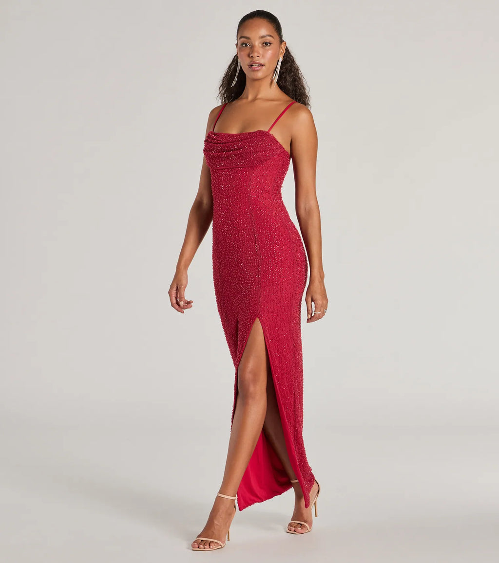 Klara Faux Pearl Beaded Column Prom Dress – Cowl Neck Long Formal Gown