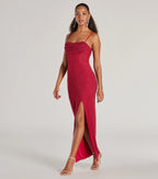 Klara Faux Pearl Beaded Column Prom Dress – Cowl Neck Long Formal Gown