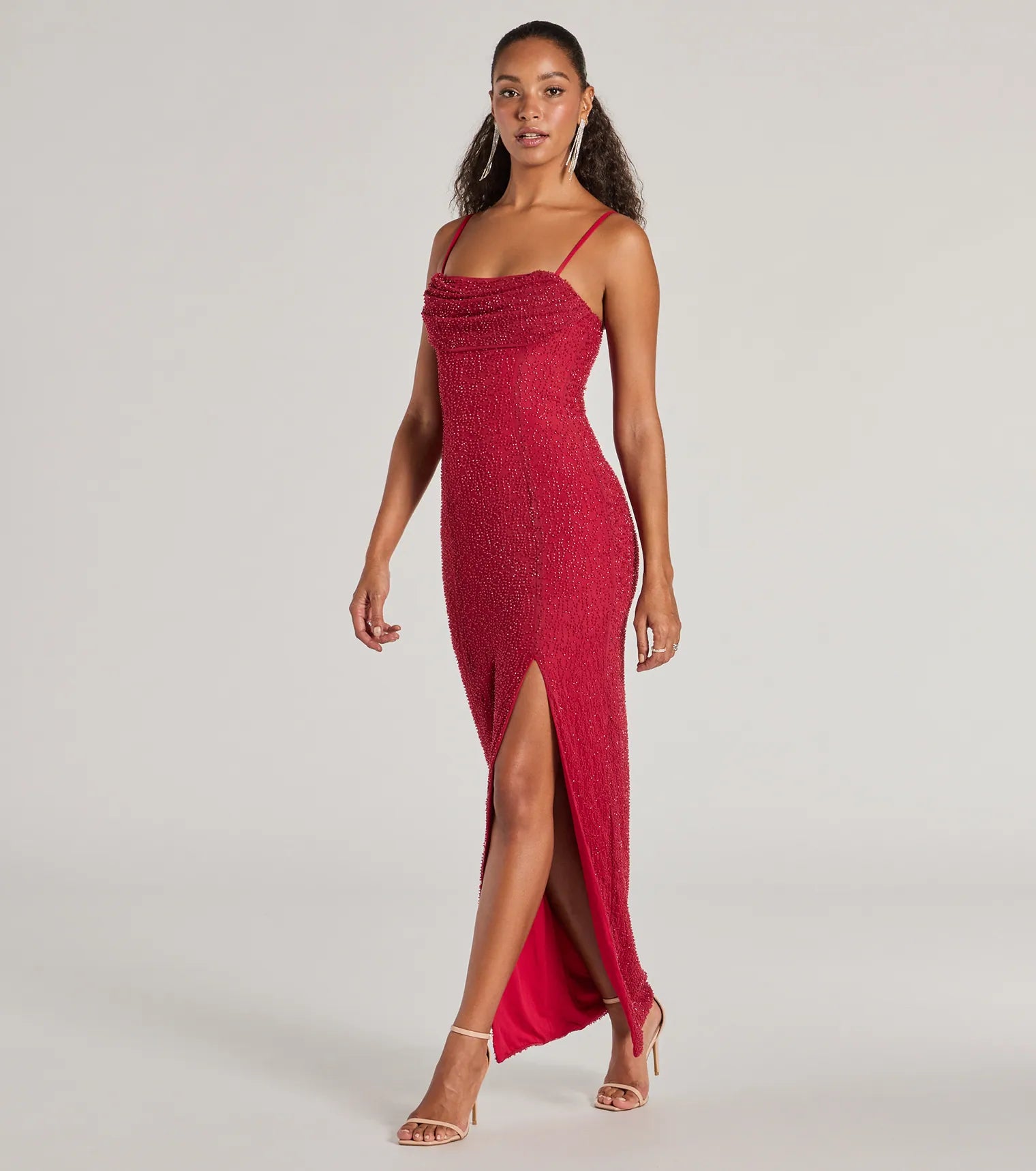 Klara Faux Pearl Beaded Column Prom Dress – Cowl Neck Long Formal Gown