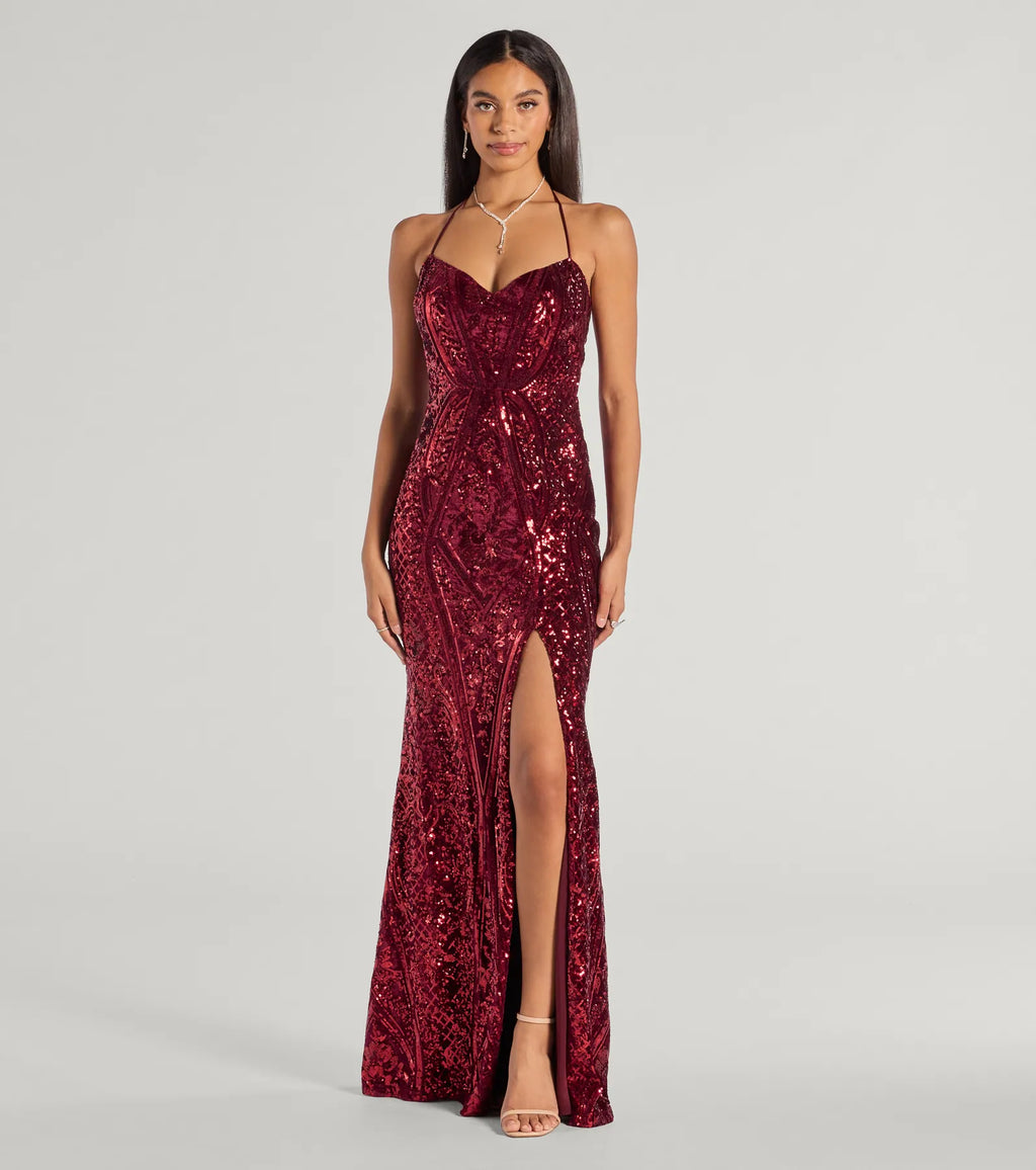 Rotes Meara Pailletten Samt Abendkleid – Frontansicht Ballkleid mit Schlitz