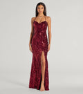 Rotes Meara Pailletten Samt Abendkleid – Frontansicht Ballkleid mit Schlitz