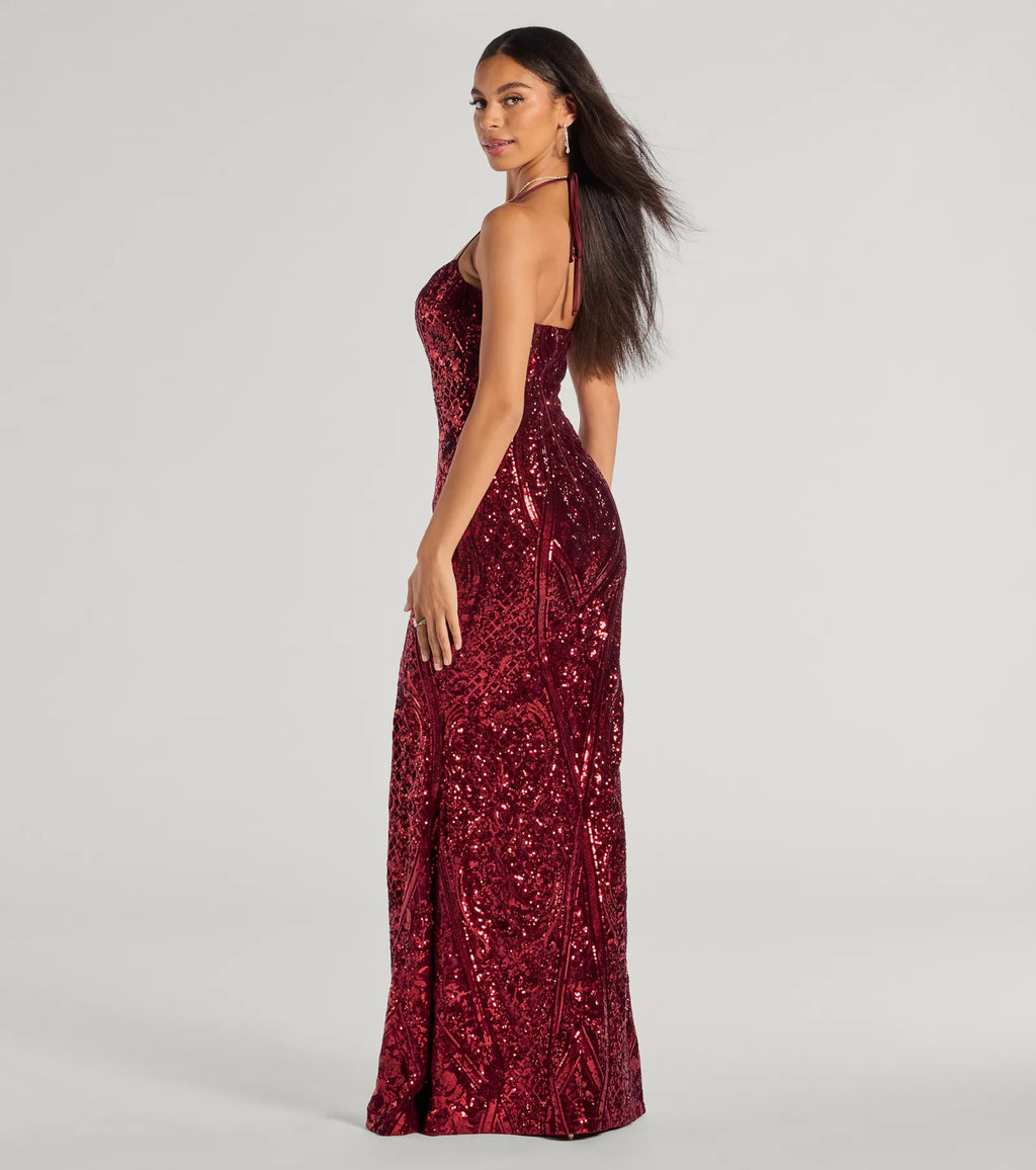 Meara Samt Abendkleid Seitenansicht mit Pailletten und hohem Beinschlitz