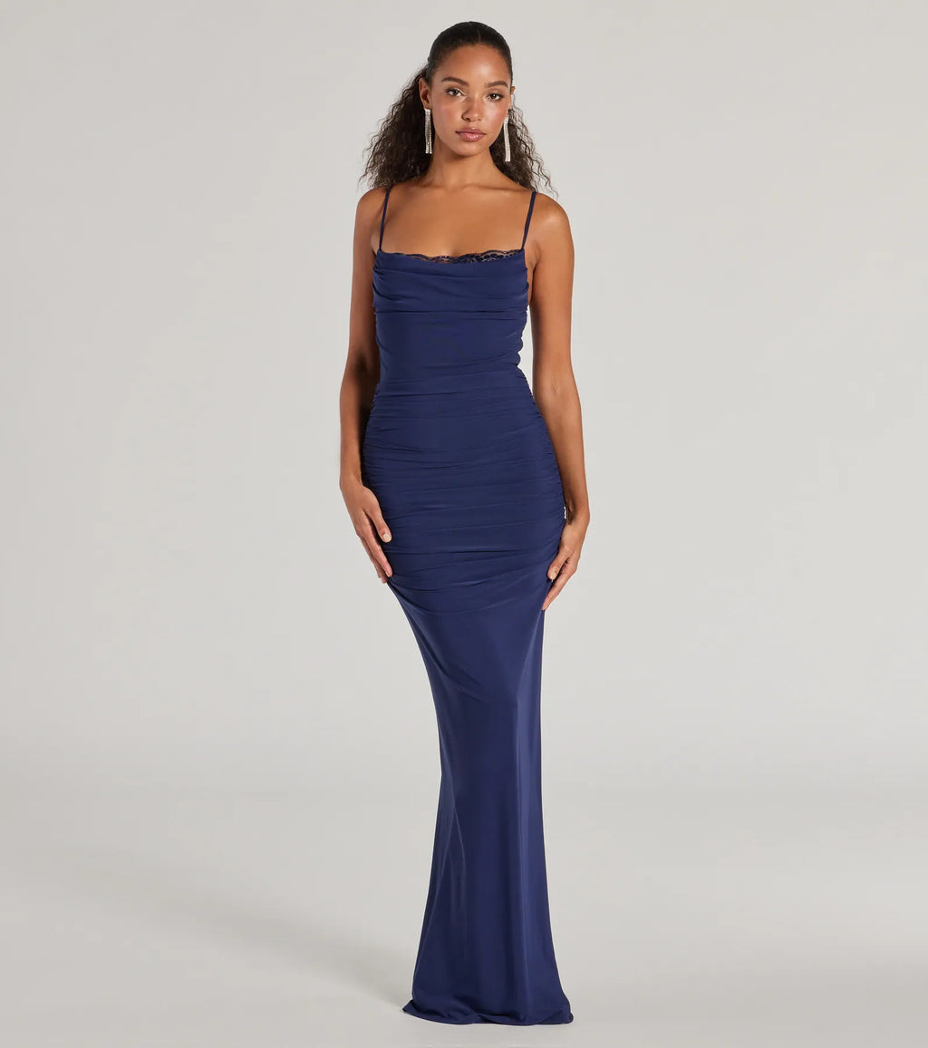 Julane Mesh Lace Ruched Column Prom Dress – Cowl Neck Long Formal Gown