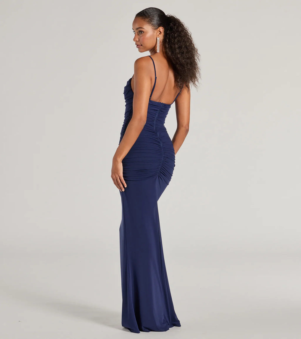 Julane Mesh Lace Ruched Column Prom Dress – Cowl Neck Long Formal Gown