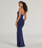 Julane Mesh Lace Ruched Column Prom Dress – Cowl Neck Long Formal Gown