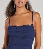 Julane Mesh Lace Ruched Column Prom Dress – Cowl Neck Long Formal Gown