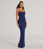 Julane Mesh Lace Ruched Column Prom Dress – Cowl Neck Long Formal Gown