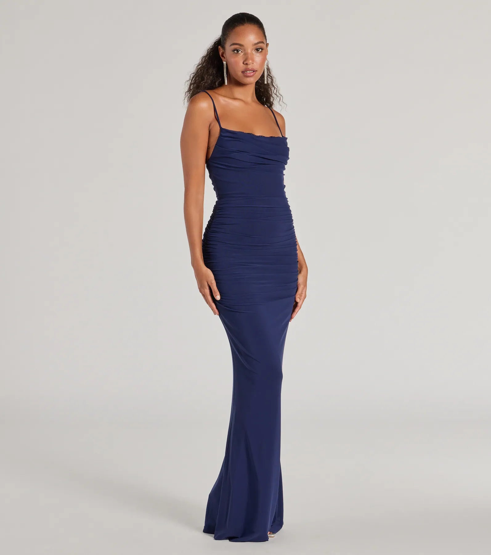 Julane Mesh Lace Ruched Column Prom Dress – Cowl Neck Long Formal Gown