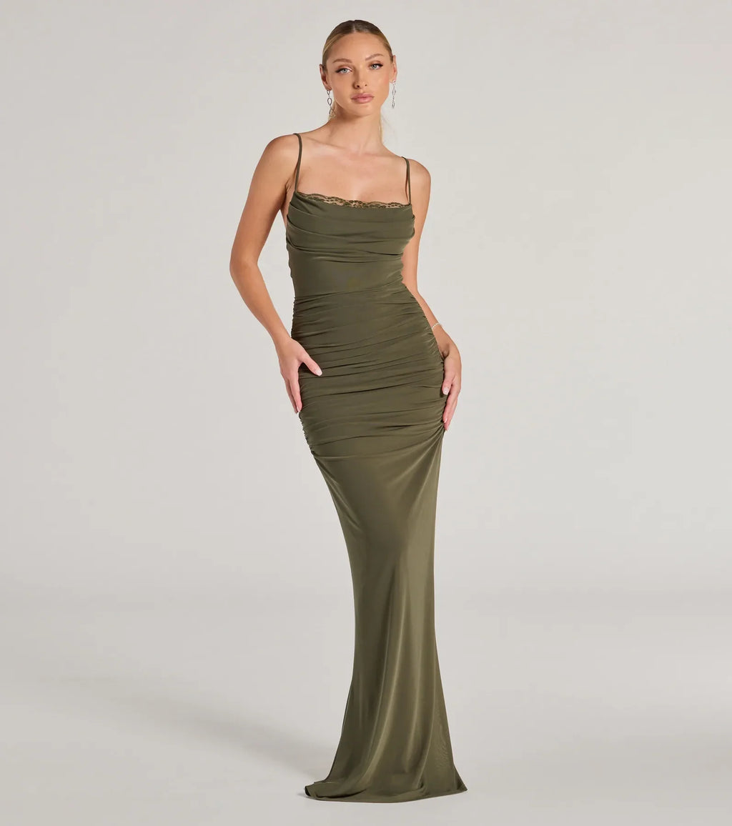 Julane Mesh Lace Ruched Column Prom Dress – Cowl Neck Long Formal Gown
