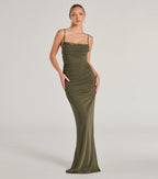 Julane Mesh Lace Ruched Column Prom Dress – Cowl Neck Long Formal Gown
