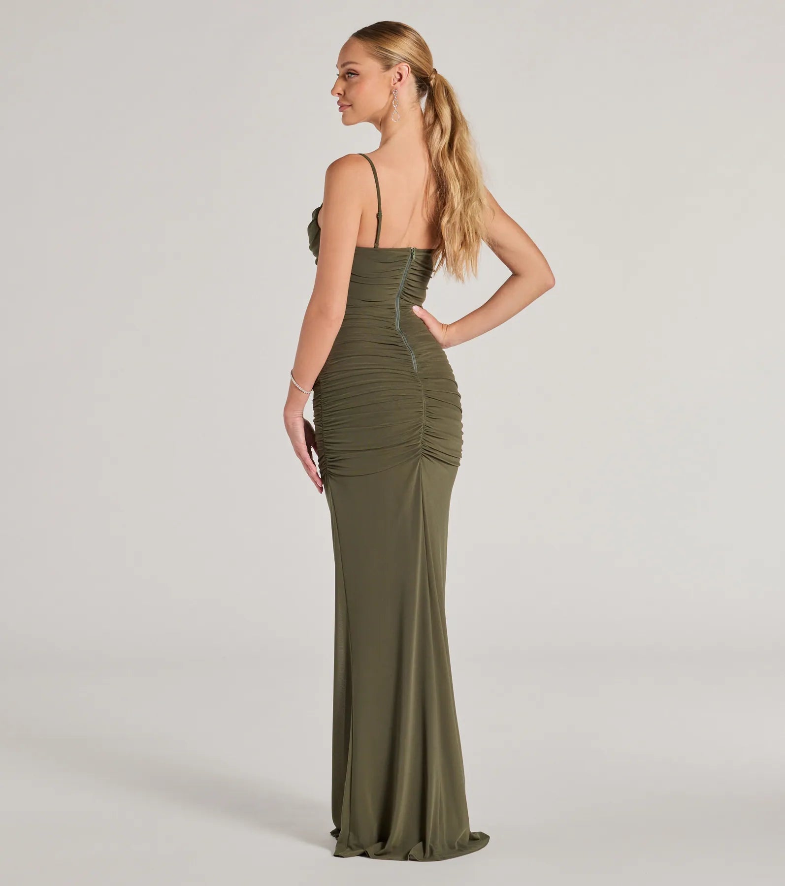 Julane Mesh Lace Ruched Column Prom Dress – Cowl Neck Long Formal Gown
