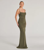 Julane Mesh Lace Ruched Column Prom Dress – Cowl Neck Long Formal Gown