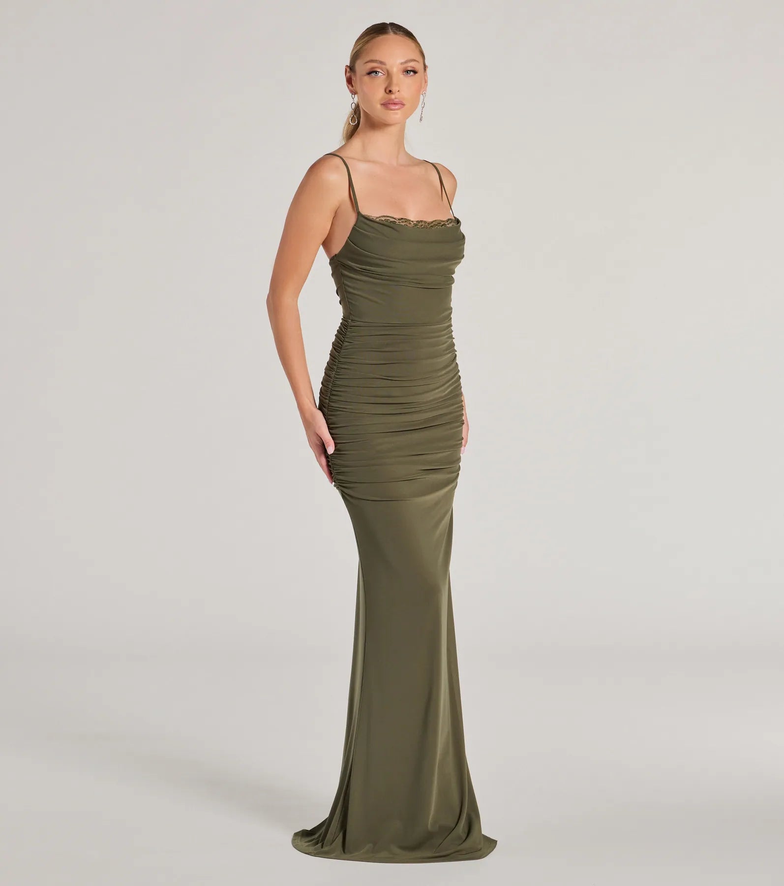 Julane Mesh Lace Ruched Column Prom Dress – Cowl Neck Long Formal Gown