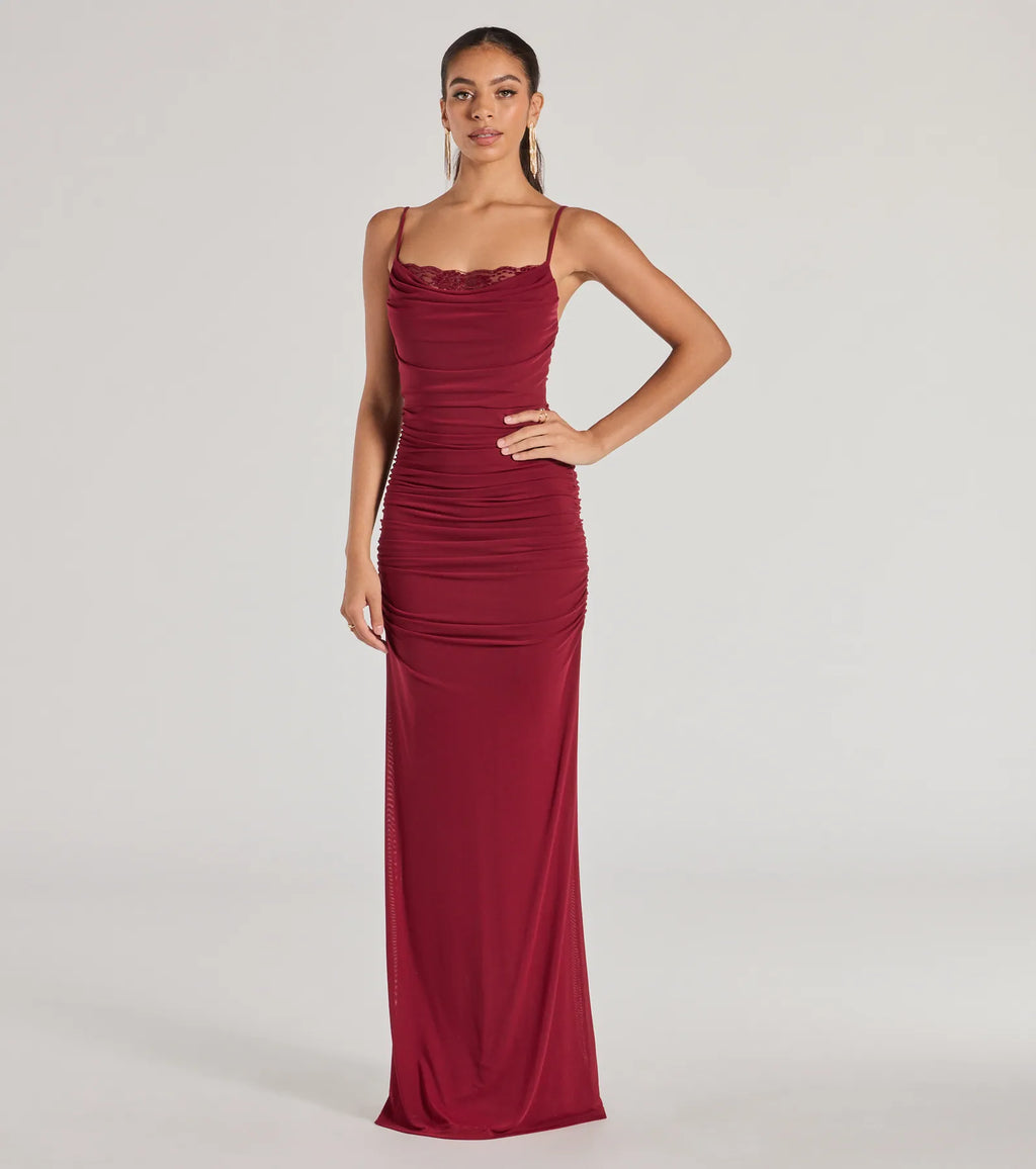 Julane Mesh Lace Ruched Column Prom Dress – Cowl Neck Long Formal Gown