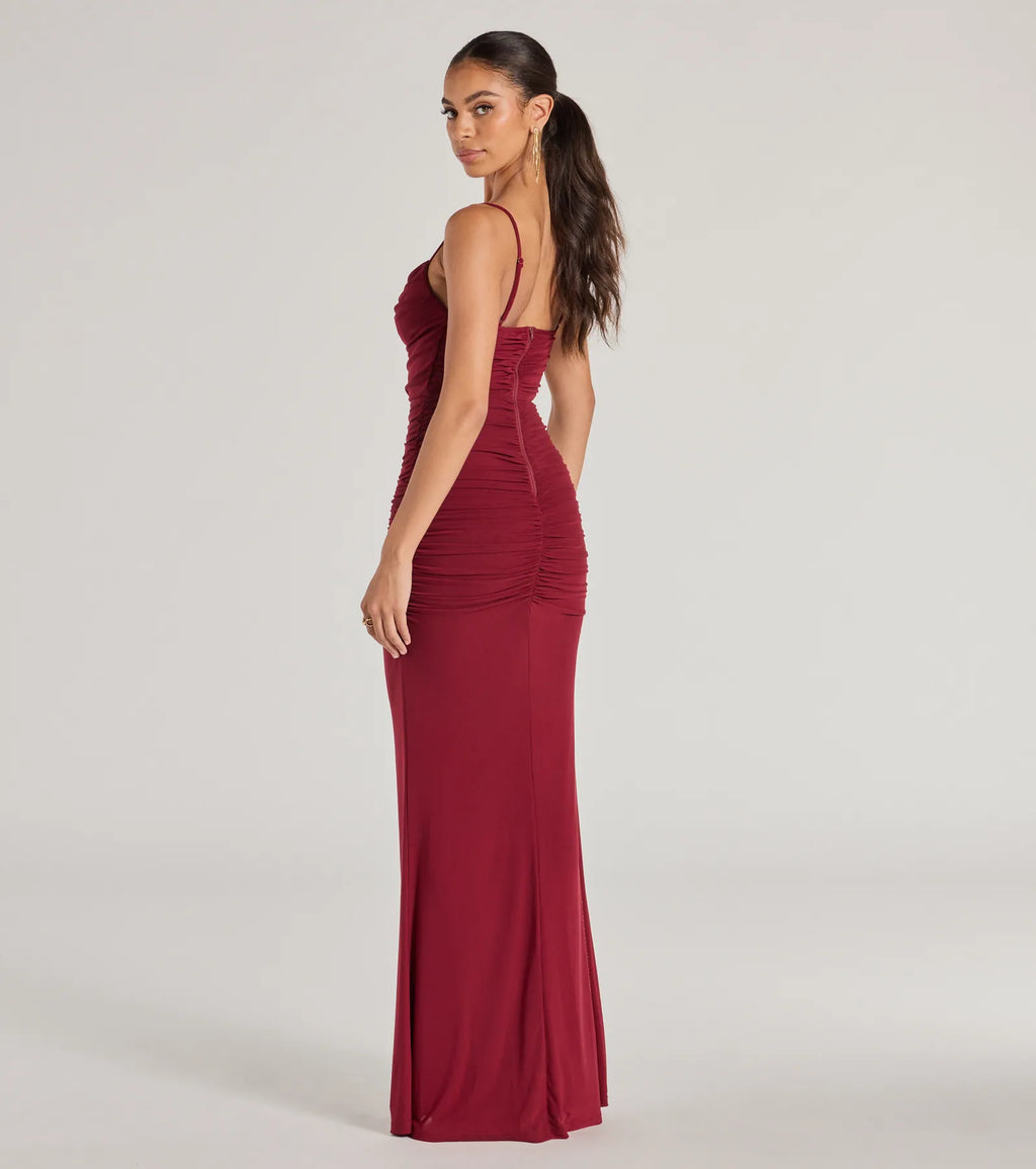 Julane Mesh Lace Ruched Column Prom Dress – Cowl Neck Long Formal Gown