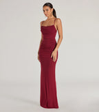Julane Mesh Lace Ruched Column Prom Dress – Cowl Neck Long Formal Gown