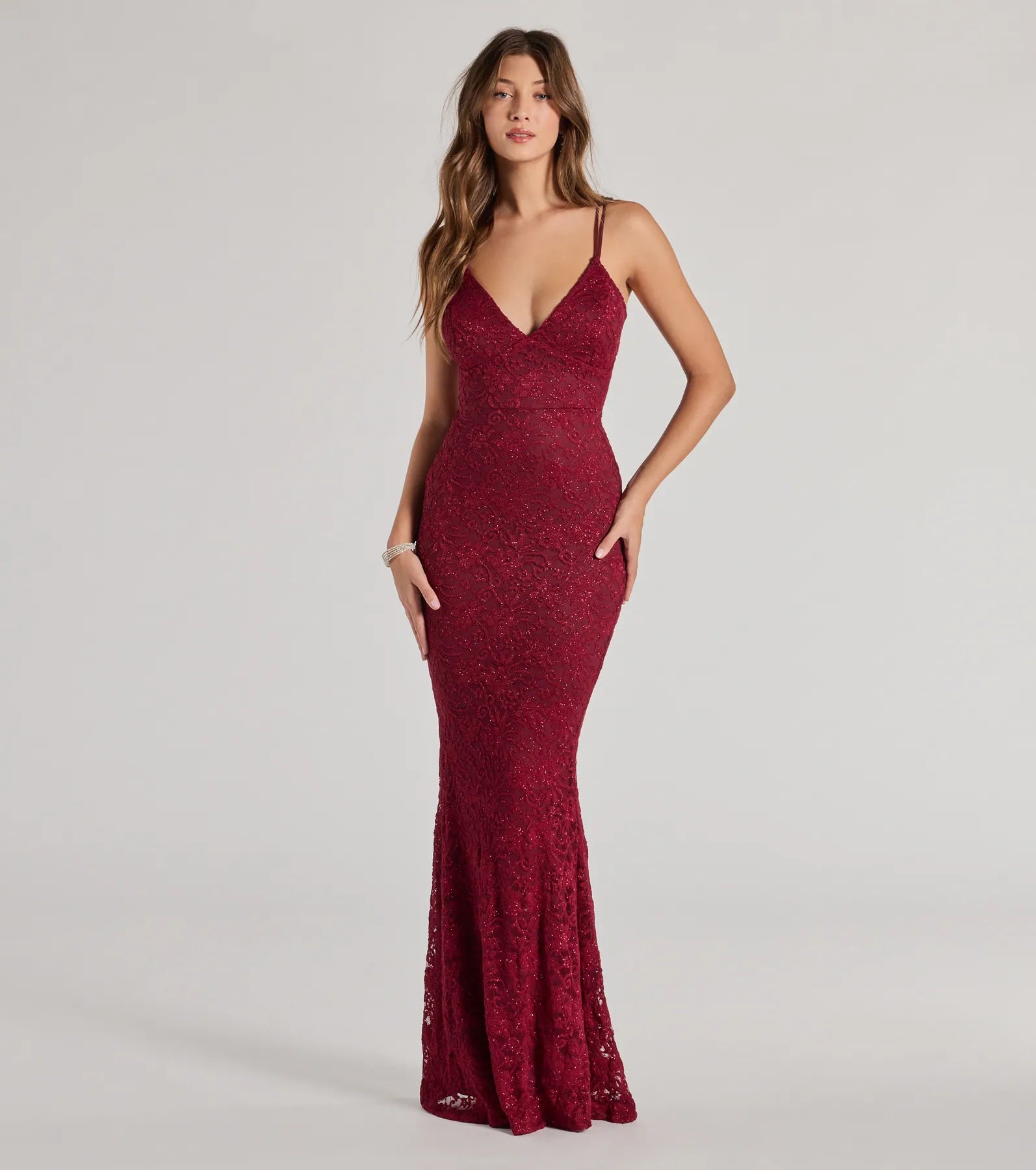 Briella Glitter Lace Mermaid Prom Dress – Cross-Back Long Formal Gown