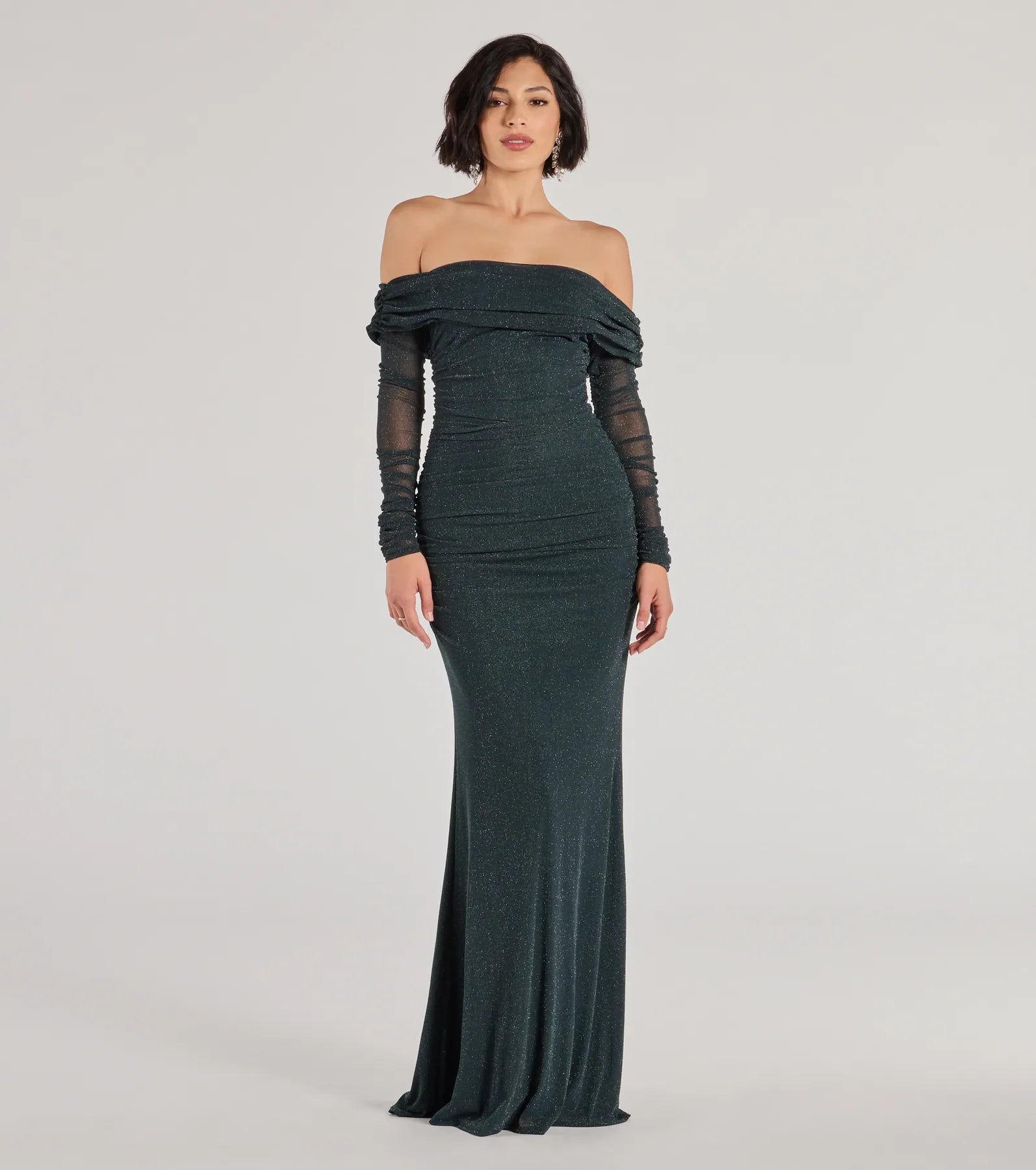 Tova Glitter Mermaid Prom Dress – Off-Shoulder Long Sleeve Formal Gown