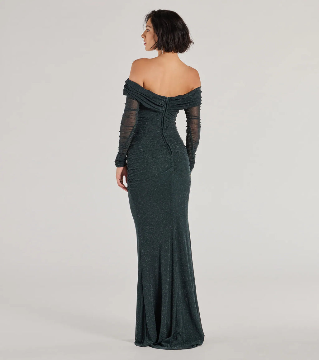 Tova Glitter Mermaid Prom Dress – Off-Shoulder Long Sleeve Formal Gown