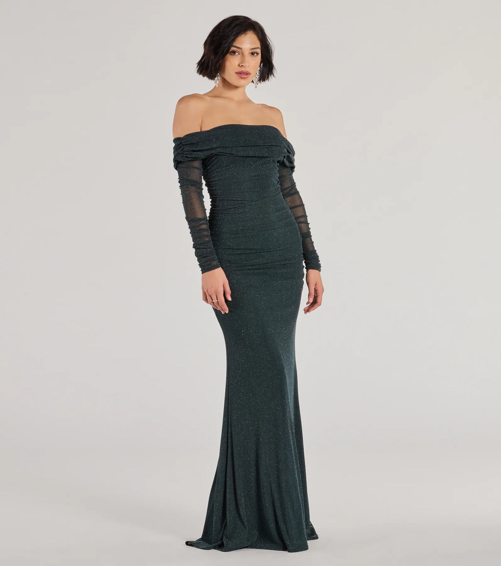 Tova Glitter Mermaid Prom Dress – Off-Shoulder Long Sleeve Formal Gown