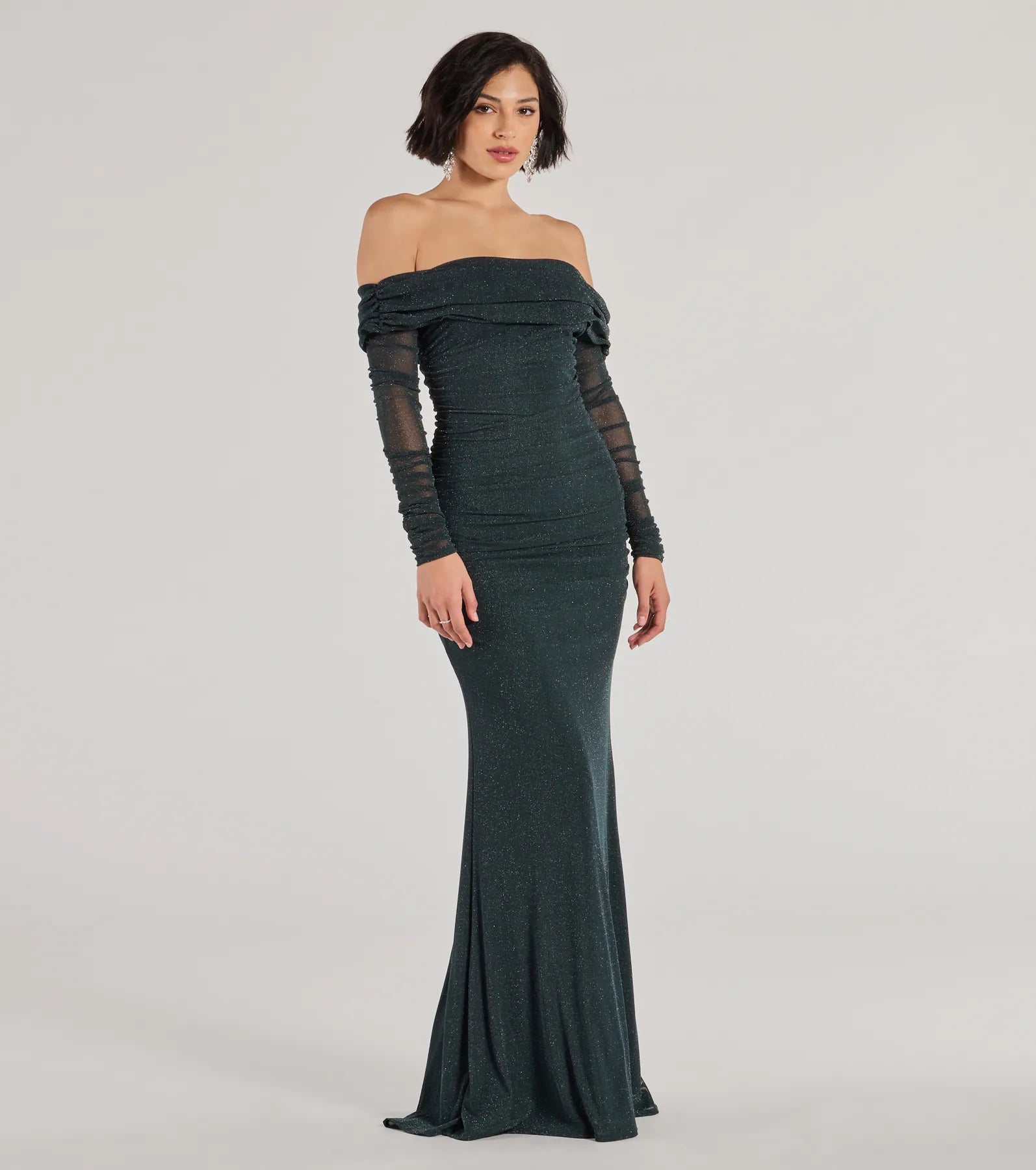 Tova Glitter Mermaid Prom Dress – Off-Shoulder Long Sleeve Formal Gown