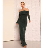 Tova Glitter Mermaid Prom Dress – Off-Shoulder Long Sleeve Formal Gown