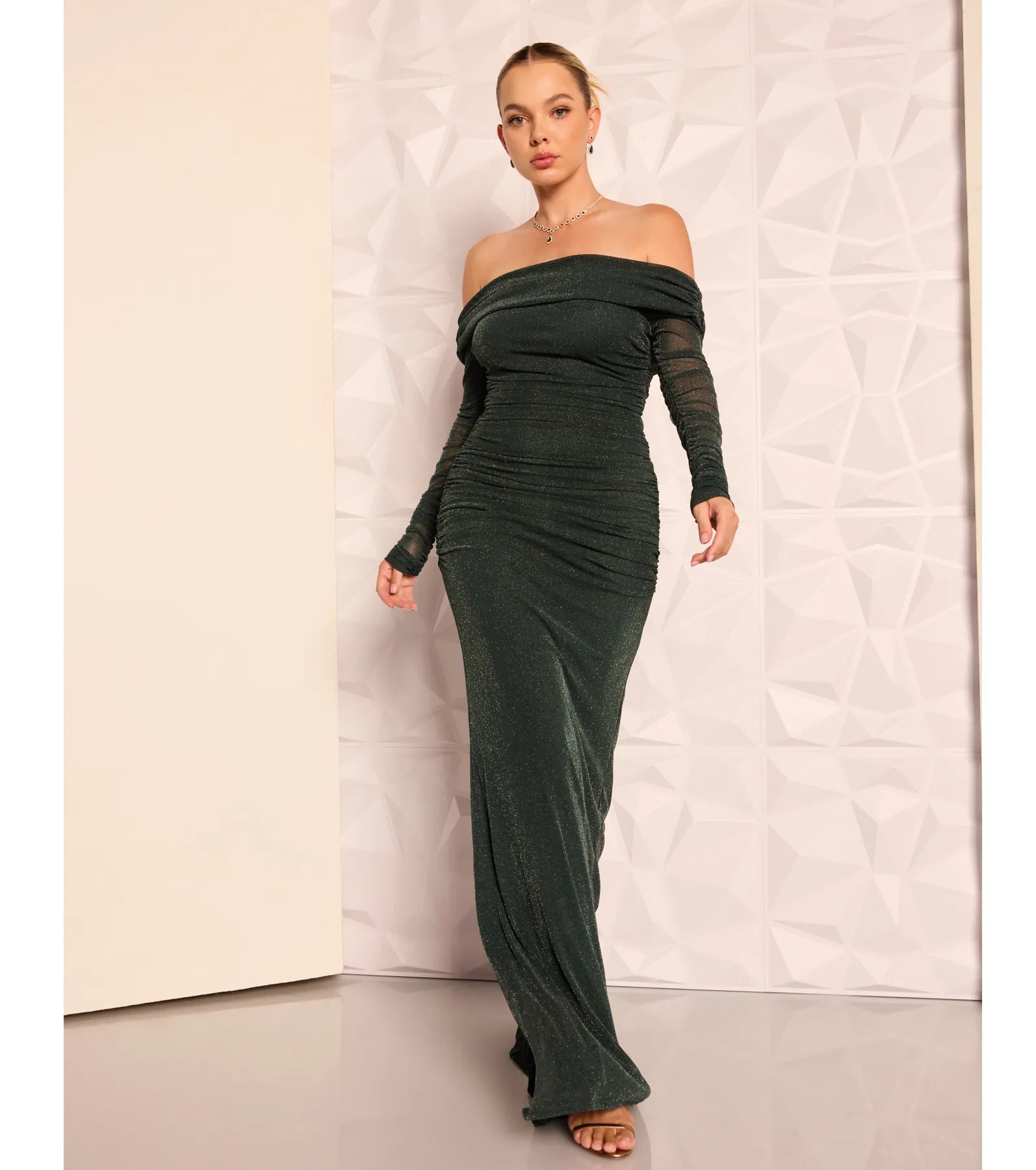 Tova Glitter Mermaid Prom Dress – Off-Shoulder Long Sleeve Formal Gown