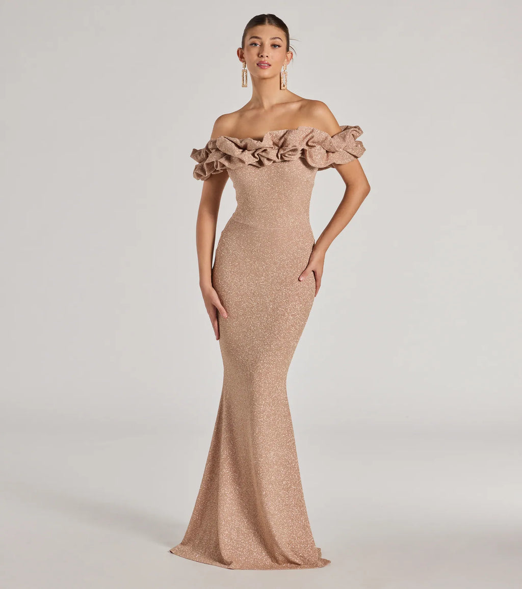 Halsey Glitter Mermaid Prom Dress – Off-Shoulder Ruffled Formal Gown