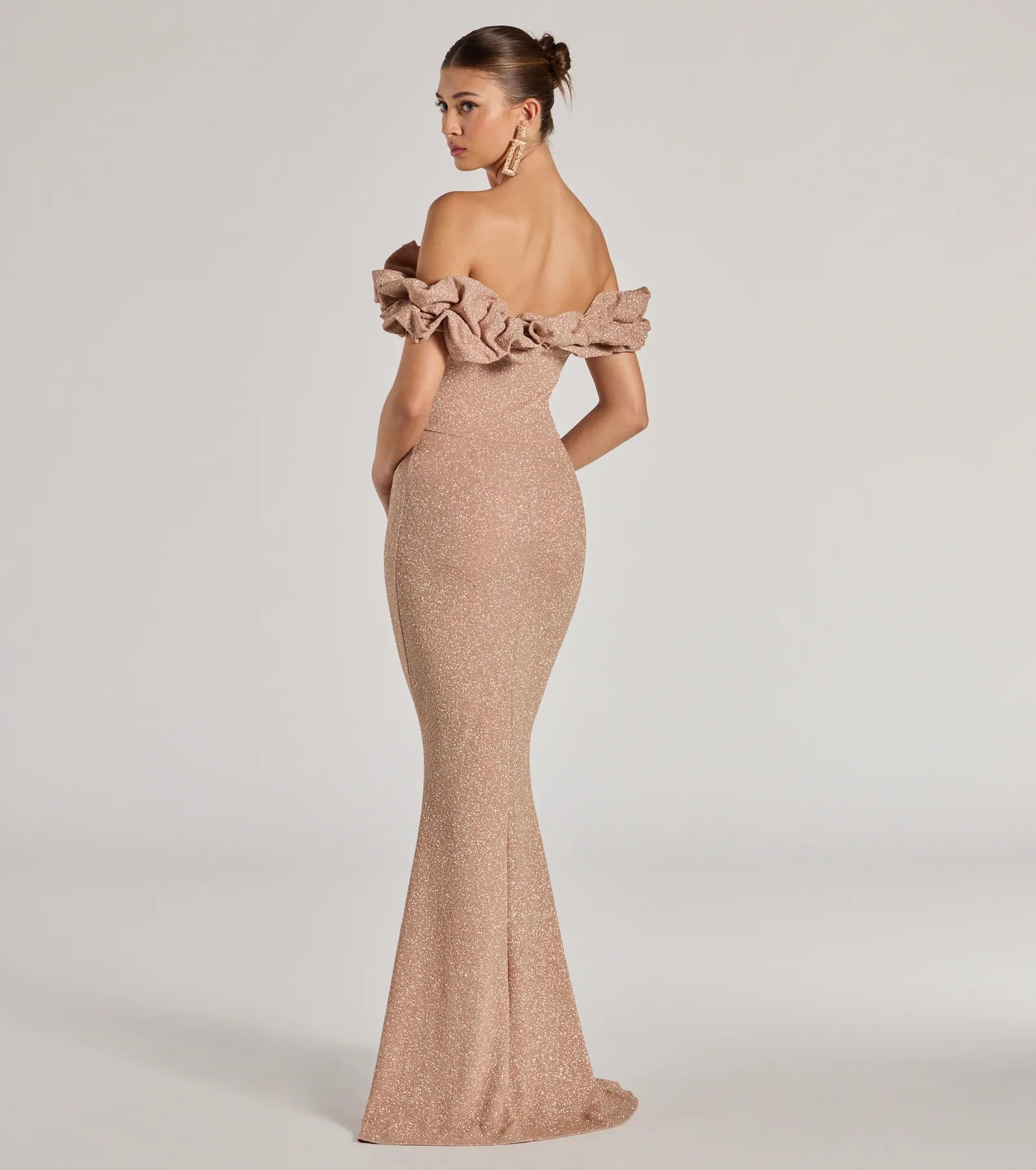 Halsey Glitter Mermaid Prom Dress – Off-Shoulder Ruffled Formal Gown