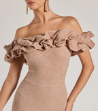 Halsey Glitter Mermaid Prom Dress – Off-Shoulder Ruffled Formal Gown