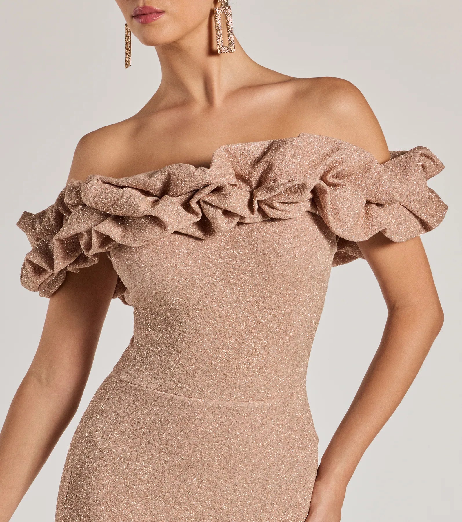 Halsey Glitter Mermaid Prom Dress – Off-Shoulder Ruffled Formal Gown