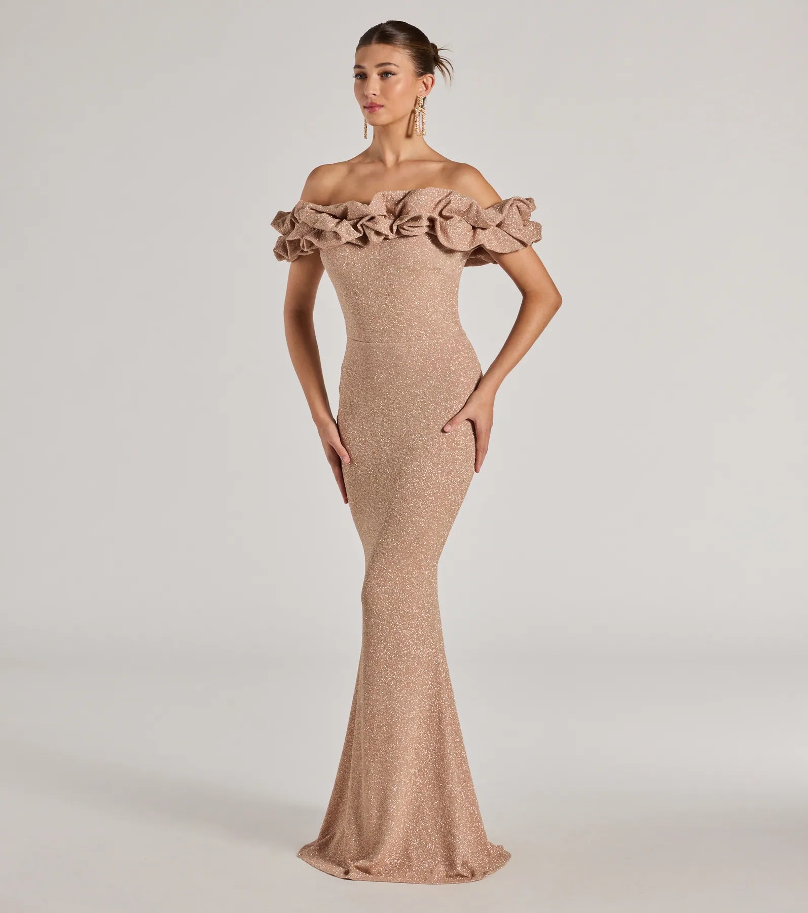 Halsey Glitter Mermaid Prom Dress – Off-Shoulder Ruffled Formal Gown