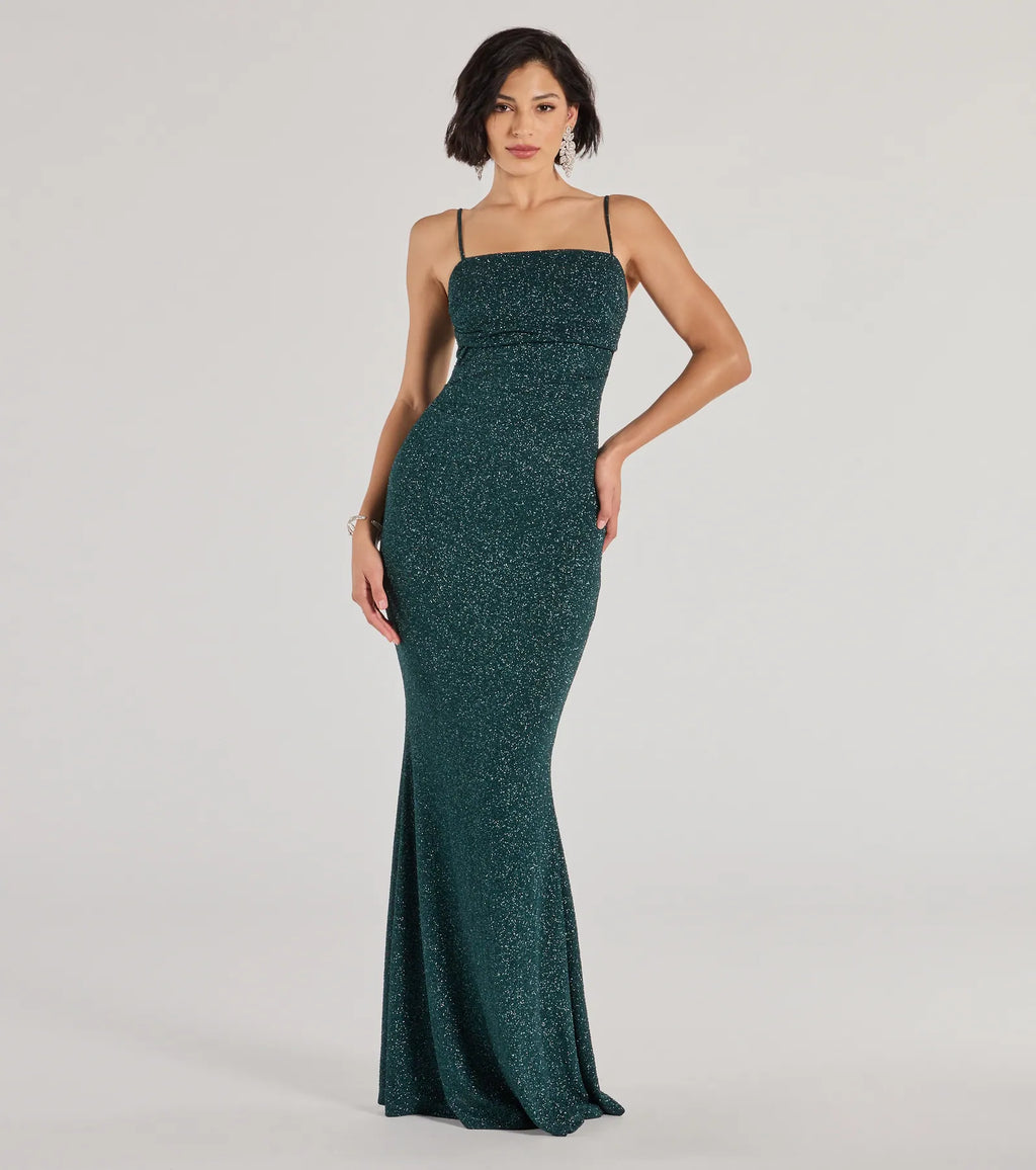 Wendy Glitter Mermaid Prom Dress – Square Neck Sleeveless Formal Gown