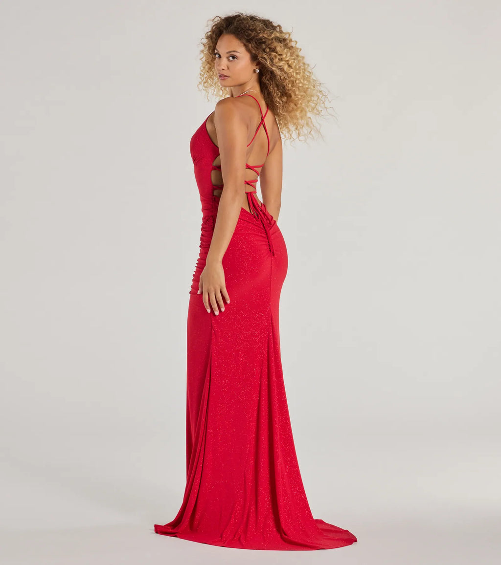 Ellora Glitter Mermaid Prom Dress – Lace-Up V-Neck Long Formal Gown